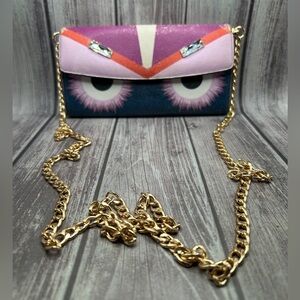 FENDI Monsters Vitello Elite Crystal Eye Continental Wallet Insert & Chain + COA